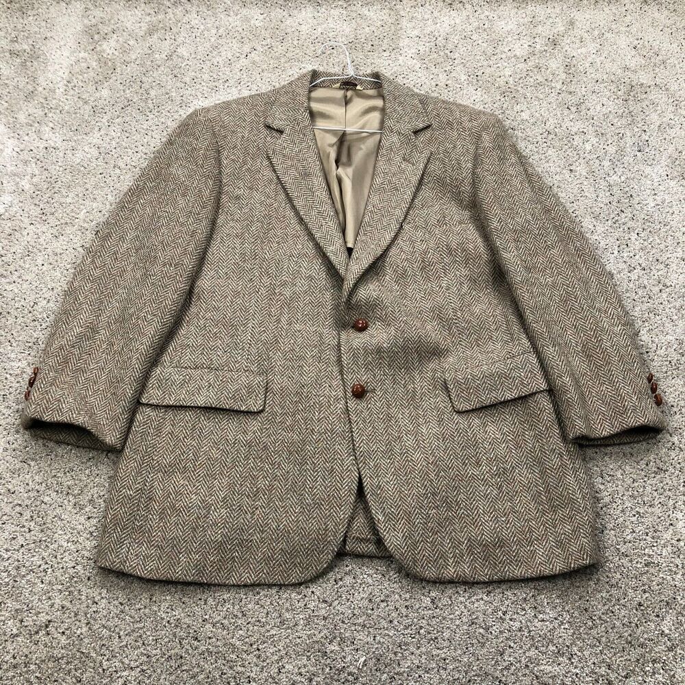 VINTAGE Oakmont Blazer Adult 44L Beige Wool Herringbone Sport Coat Suit Jacket